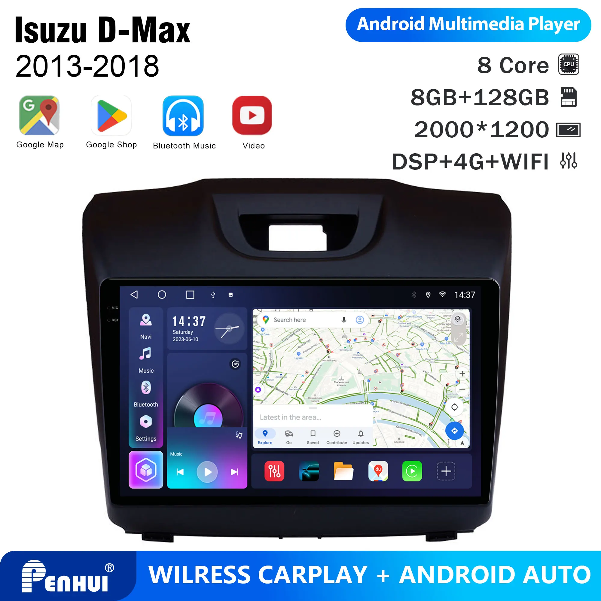 Penhui For Isuzu D-Max 2013-2018 Android Car DVD Player 2Din 9'' Touchscreen DSP Bluetooth Video Multimedia System