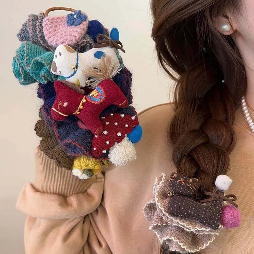 

Large Intestine Circle Knitted Hair Ring Embroidered Elastic Horse Scrunchie Headwear Sweet Cartoon Animal Hair Rope Women