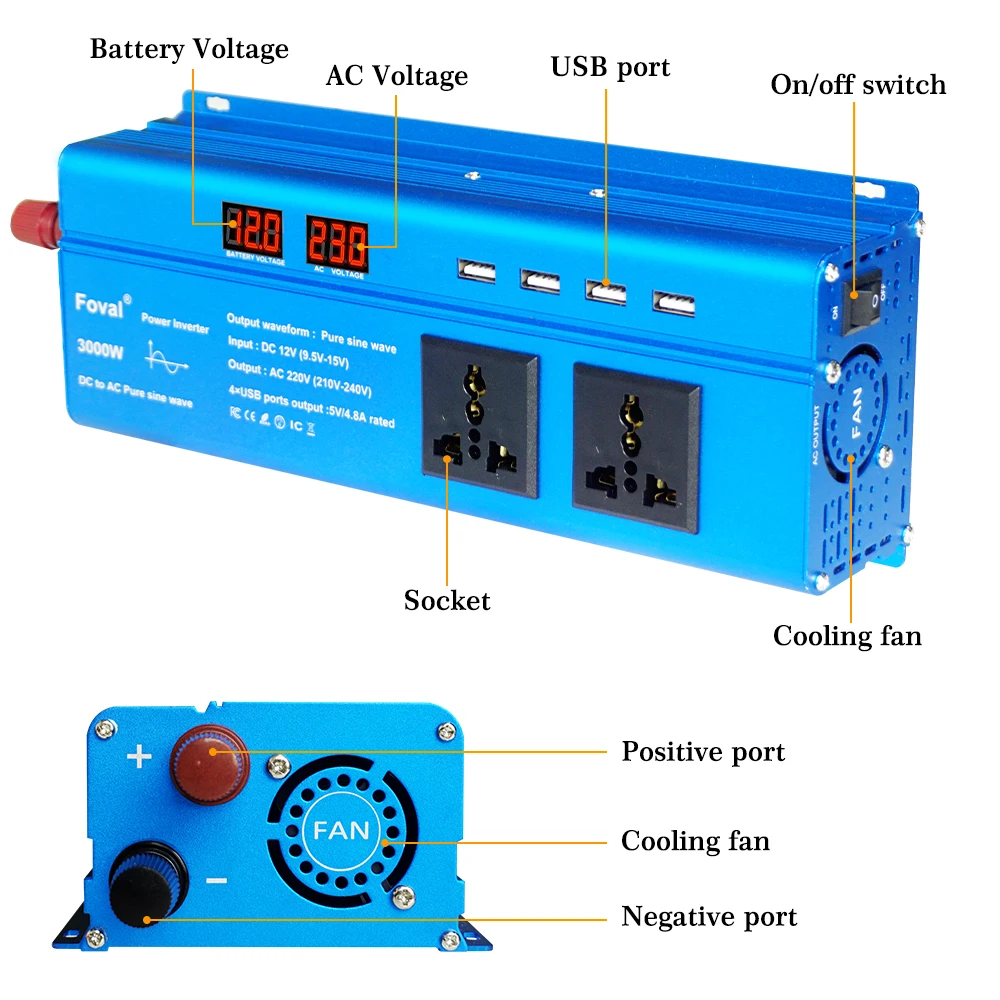 3000W Car Power Inverter DC 12V To AC 220V Transformer with 4 USB UN EU Socket Charger Pure Sine Wave Inverter