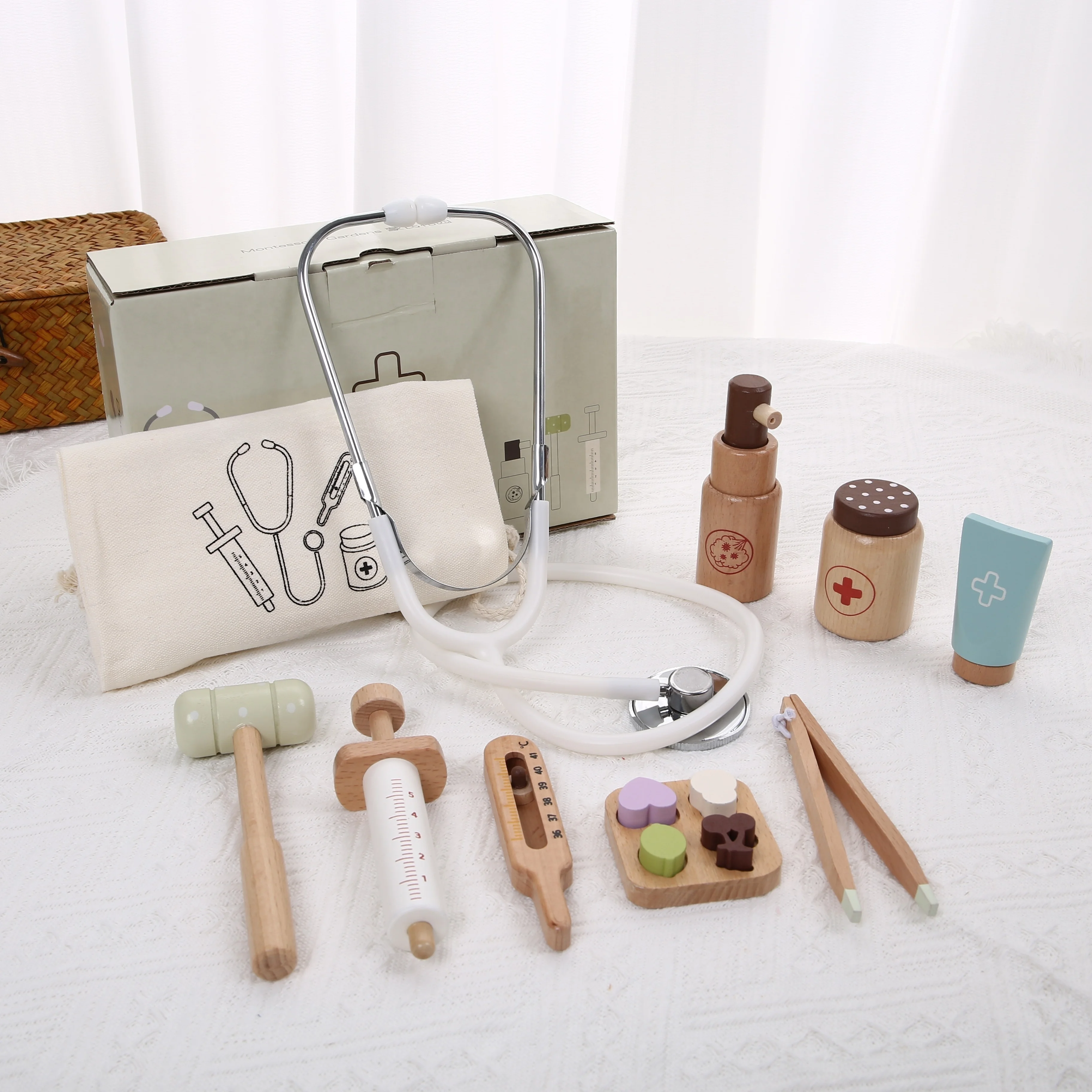 Kit medico per stetoscopio da infermiera simulato per bambini, set di siringhe, giocattolo per casa da gioco per ragazzi in legno