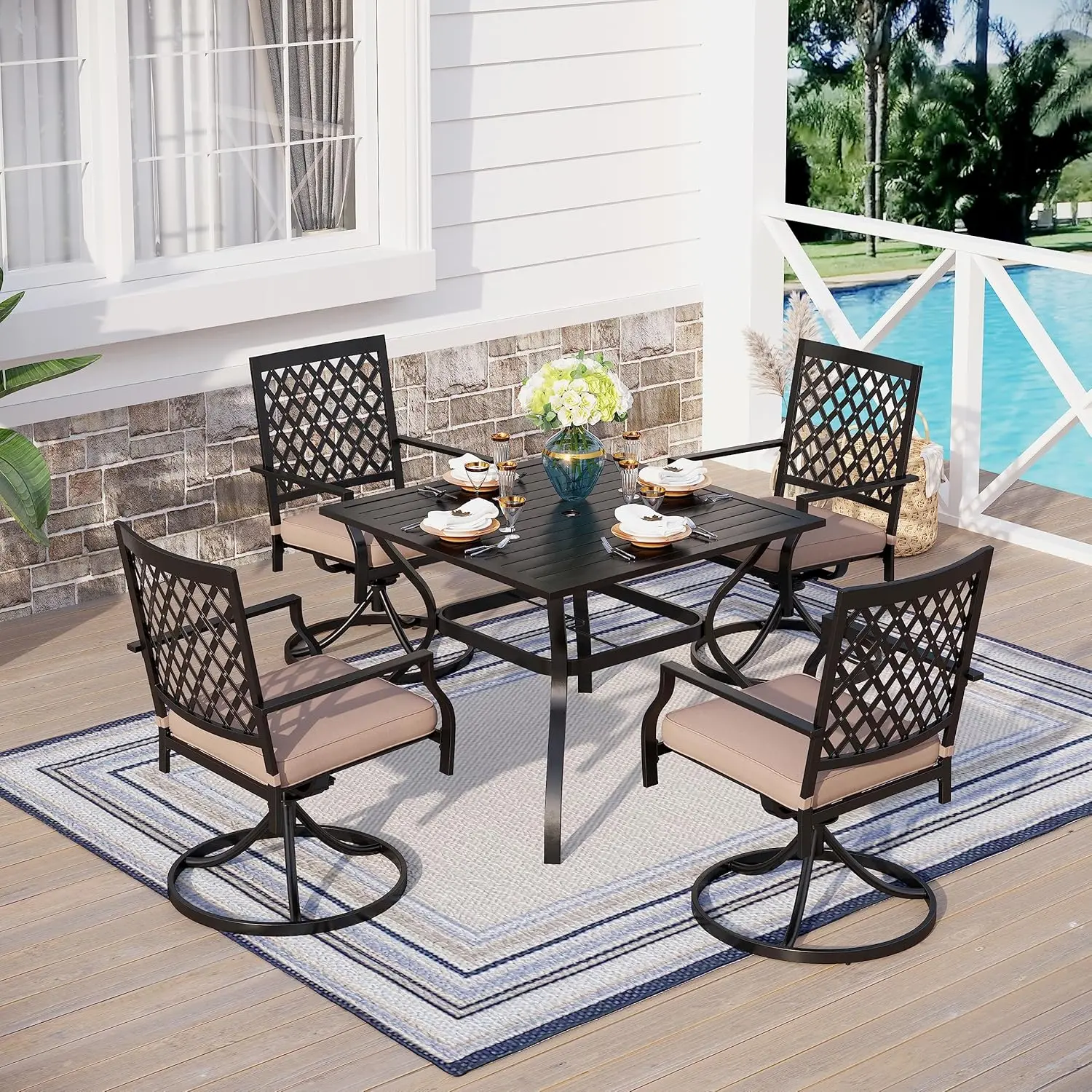 

Комплект садовой мебели для 4 человек: обеденный набор для патио, уличный стол и 4 вращающихся стула с металлическим каркасом 37 дюймов, на заказ