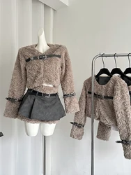 Women's Skirt Sets Vintage Long Sleeve Luxury Teddy Coats with A-Line Mini Skirts Y2k Elegant Two Piece Suit 2000s Clothes 2024