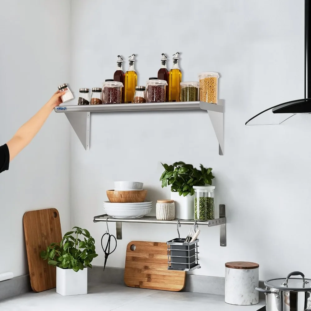 أرفف مثبتة على الحائط من الفولاذ المقاوم للصدأ من الدرجة التجارية، مقاس 18 × 36، تدعم ما يصل إلى 340 رطل، مع رقعة خلفية وأقواس للمطبخ