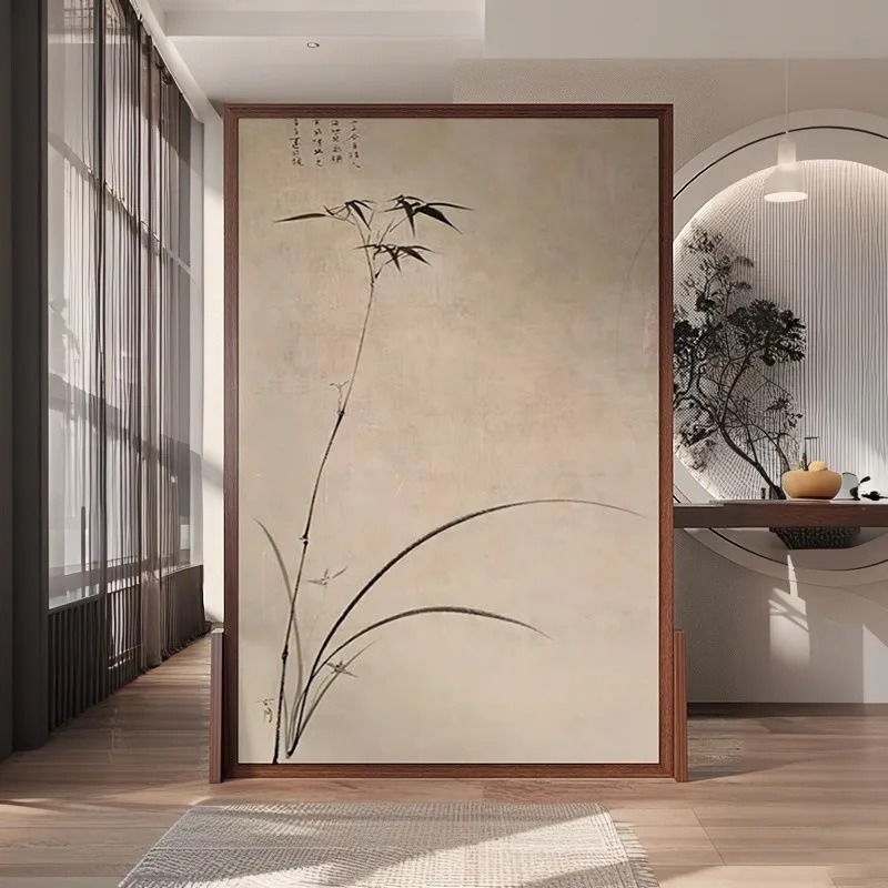 New Chinese Style Ink Bamboo Screen Partition Zen Living Room Decoration Home Tea Room Entrance Hall Mobile Solid Wood Screen Pa