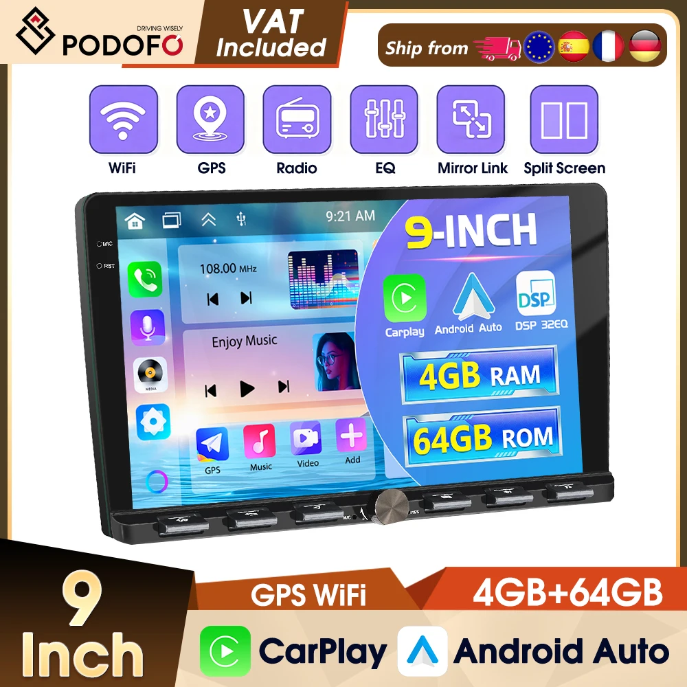 Autoradio Podofo 4+64G 2 Din 9" con Carplay Wireless, Android Auto, Bluetooth, FM, RDS, WIFI, GPS, EQ, USB, Lettore Multimediale Android
