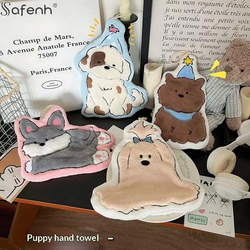 Cute Cartoon Dog Bear Coral Fleece Hand Towel Soft Skin Friendly Absorbent Kitchen Bathroom Dual Use Small Towel