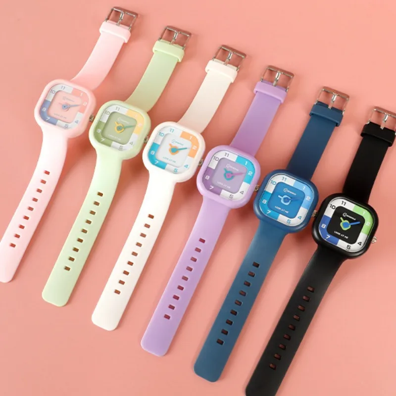 Square Students Watch Boys and Girls Simple 3 Bar Waterproof Sports Watches Silicone Strap Candy Color Creative Dial Kids Clock