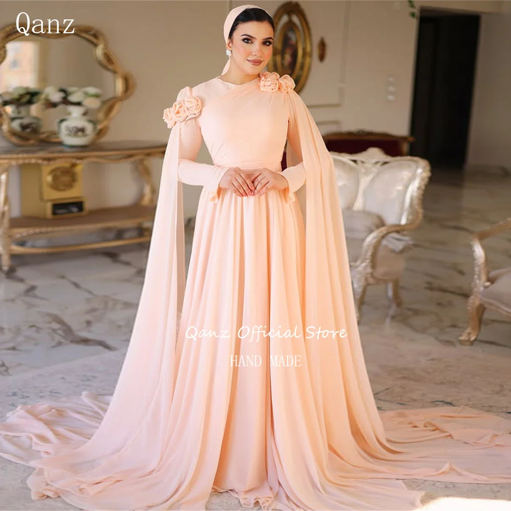

Qanz Pale Peach Chiffon Evening Dresses O Neck Long Sleeves Muslim Women Formal Occasion Dresses Flowers Party Gowns Customized