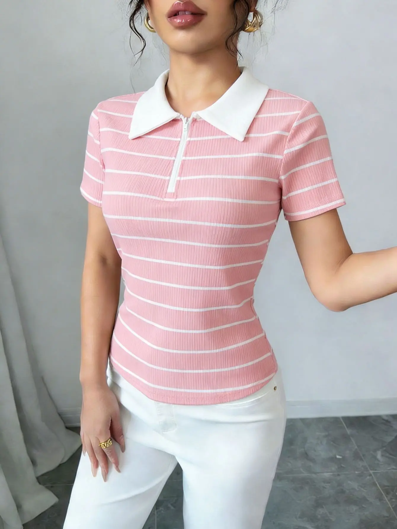 Pink Fashion Turn-down Collar Short Sleeve Top Minimalist Women Summer Contrast Color Stripe Casual Loose Knit T-shirt Hot Sales