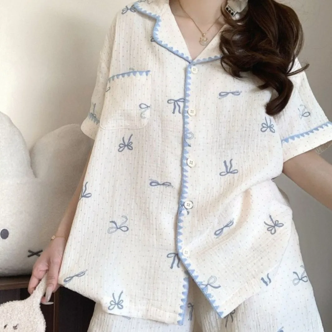 Korean Style Sleepwear Women's Summer New Cute Bow Print Casual Thin Home Clothes Two-piece Set  