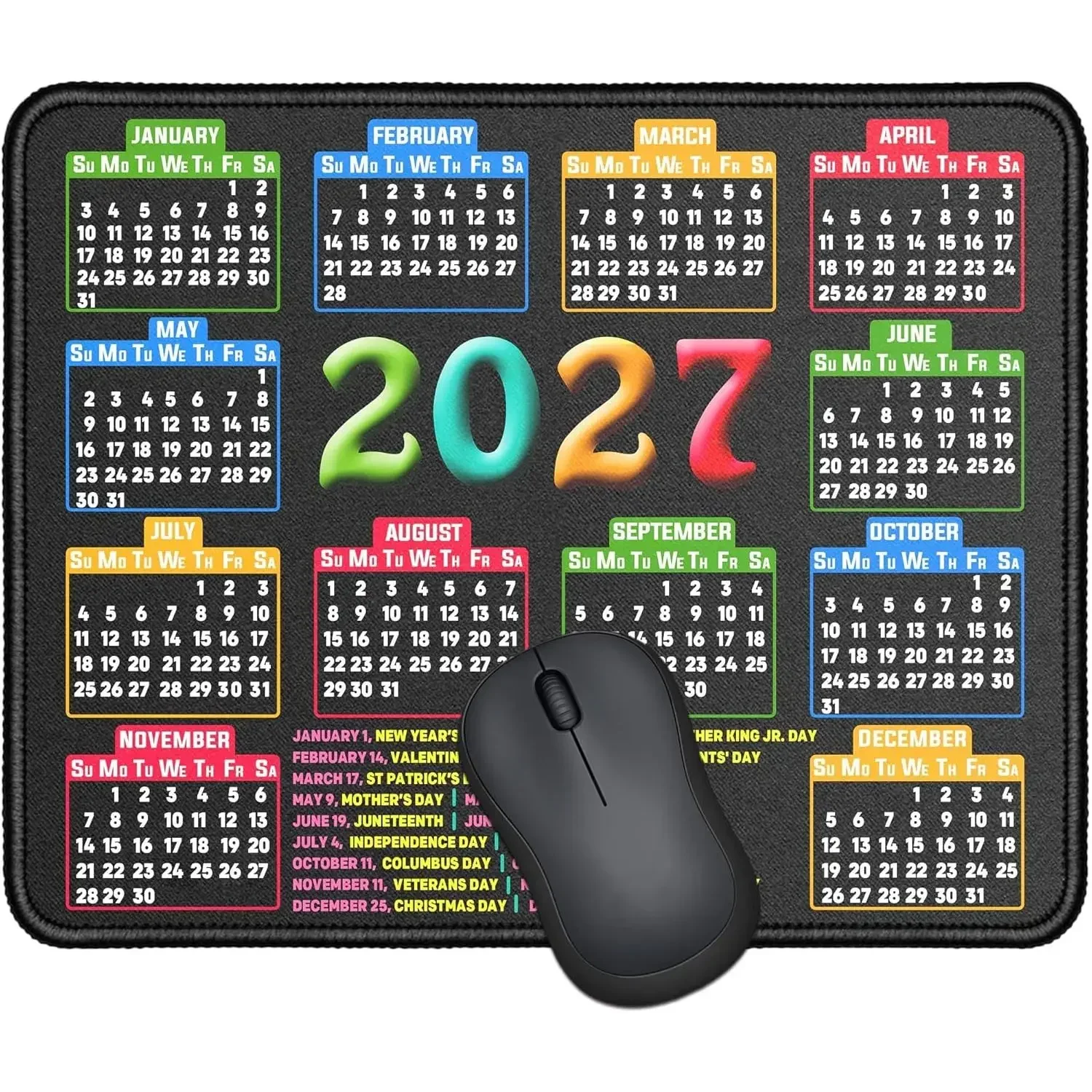 Mouse Pad,2027 Calendar Black,Stitched Edge| Non-Slip Rubber Base, for Computer Laptop,11.81X9.84Inches, Kawaii Desk Accessories