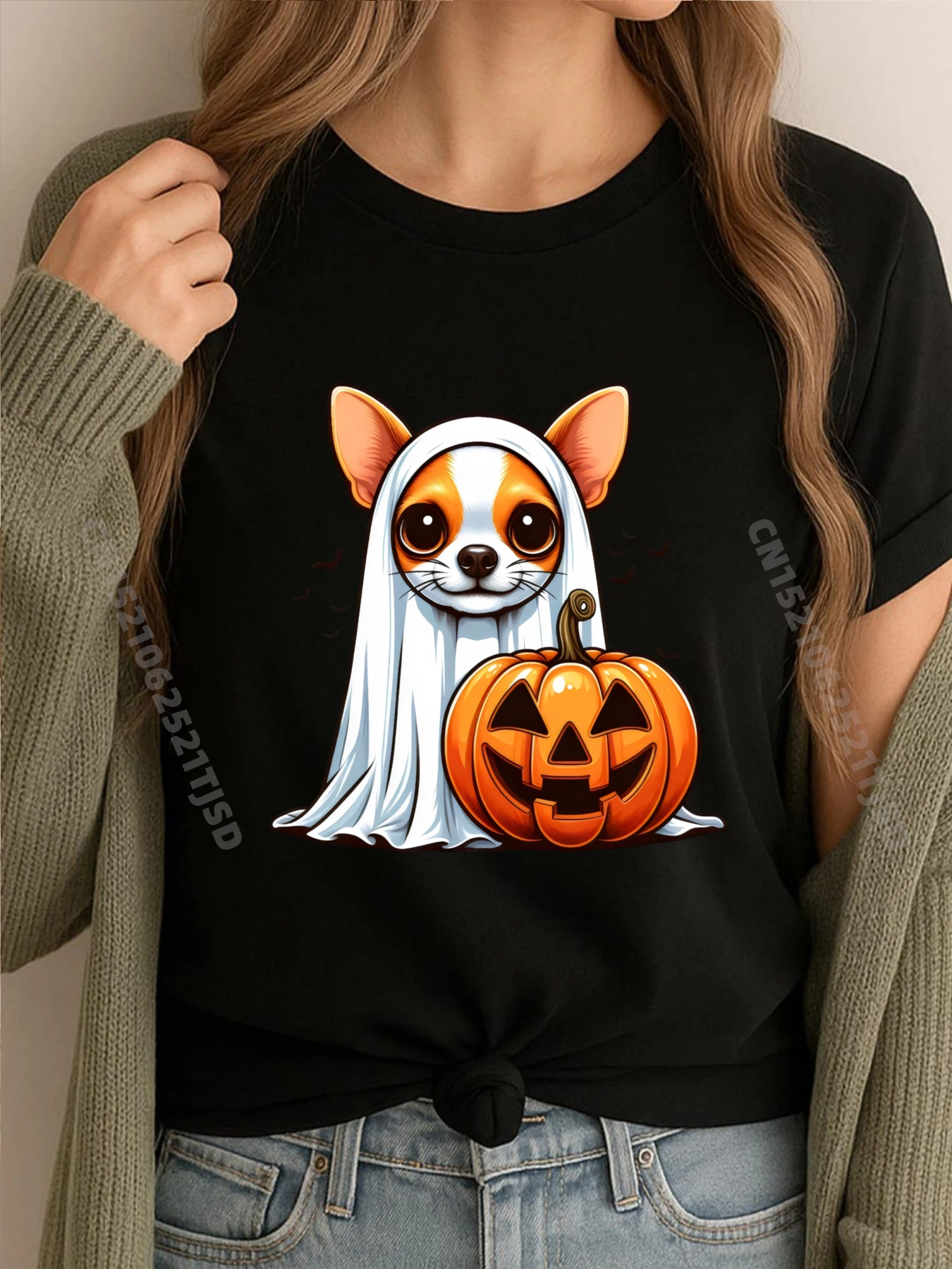 

Чихуахуа призрак тыква Хэллоуин осенний костюм хип-хоп уличная рождественская рубашка