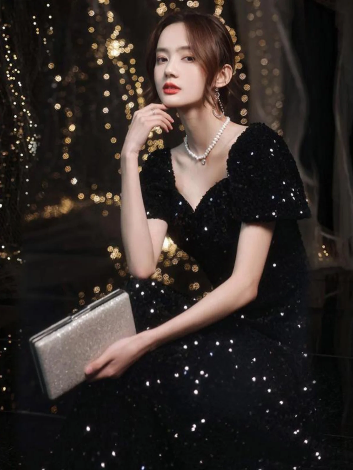 Ele Bla Sequin Evening Dr Women's Ball Host Performance Outfit High Waist A-Line Skirt ort Sve One-oulder