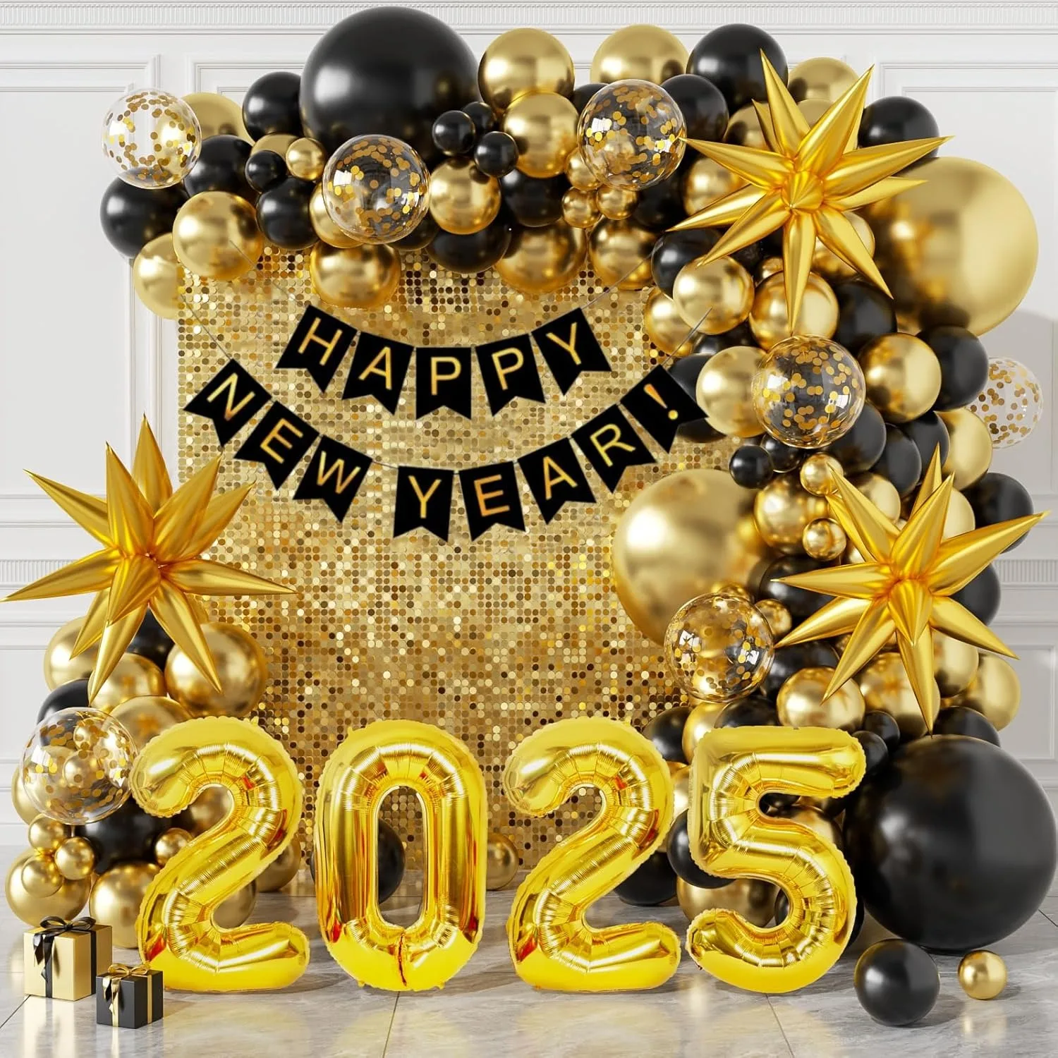 New Years Balloon Arch Garland Kit Happy New Years Decorations 2025 with Gold Fringe Backdrop 32inch 2025 Number Foil Balloon