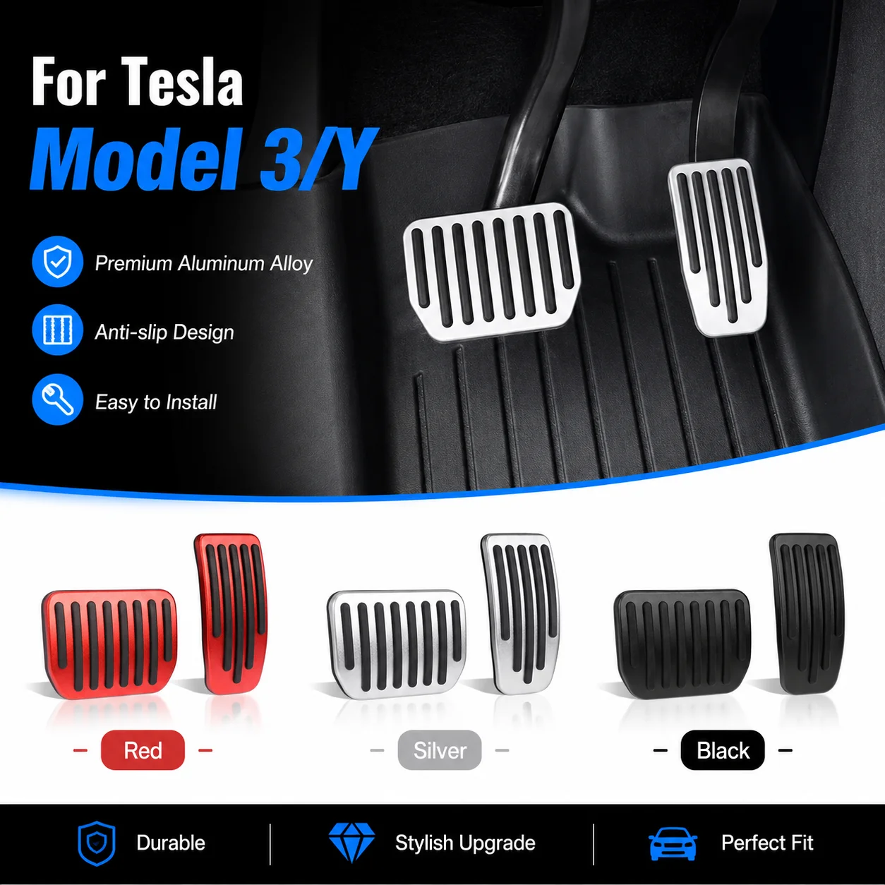 For Tesla Performance Pedal Pads Cover Foot Aluminum Non-Slip Pedals for Model Y(Juniper) Model 3(Highland) 3/Y 2017-2026