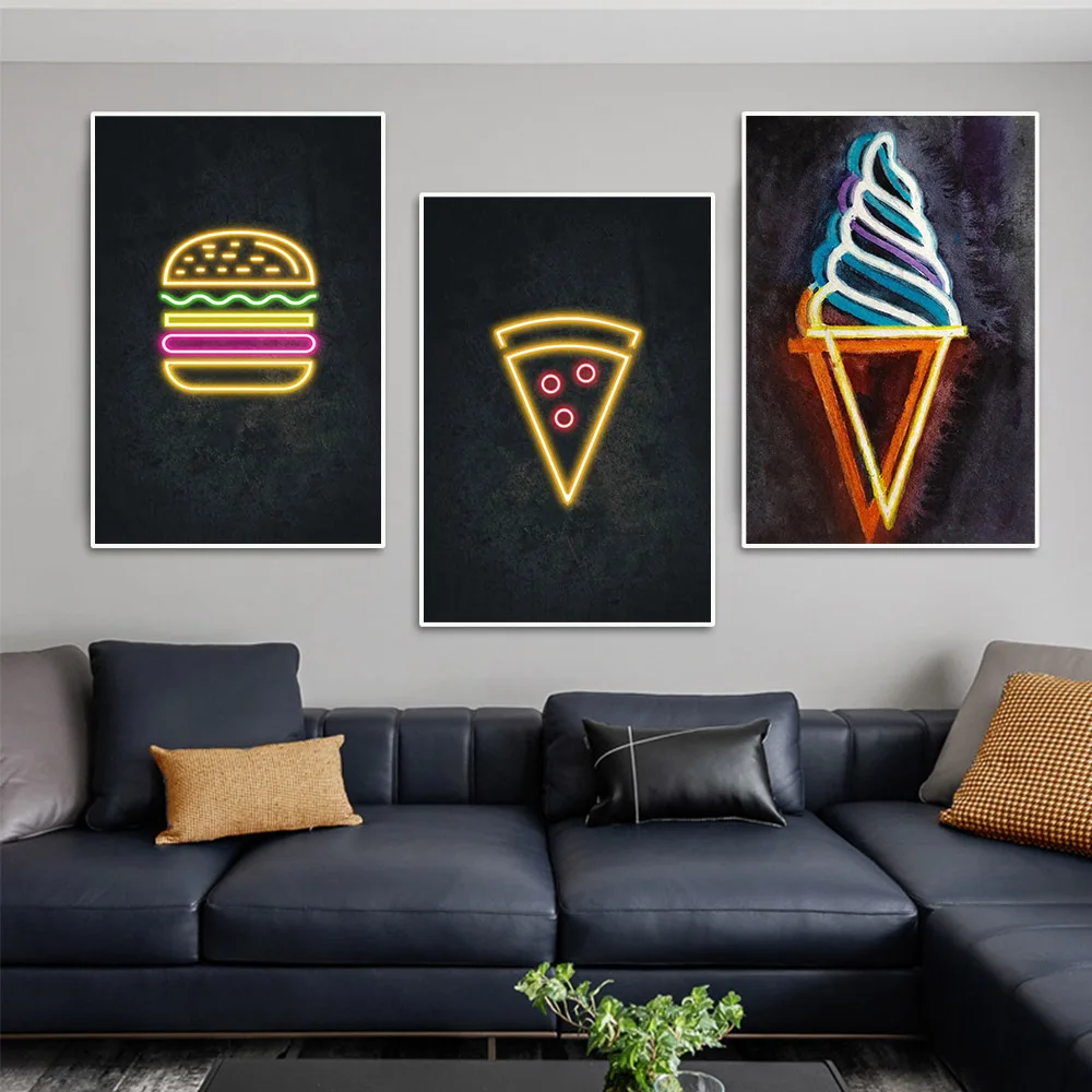 Neon Art Milkshake Ice Cream Burger Sandwich Neon Light Effect Poster Prints Food Canvas Paintings For Kitchen Decor Frameless