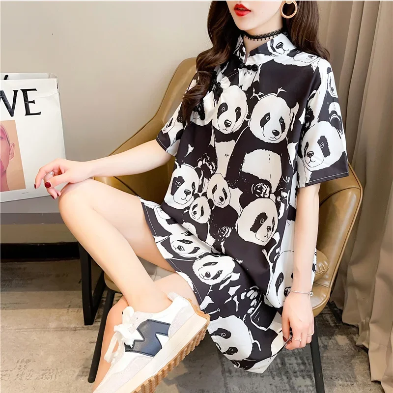 Chinese Style Panda 3D Printed T Shirt Women Stand Collar Vintage Long T-shrit Female Loose Womens Tee Shirts Summer 2024