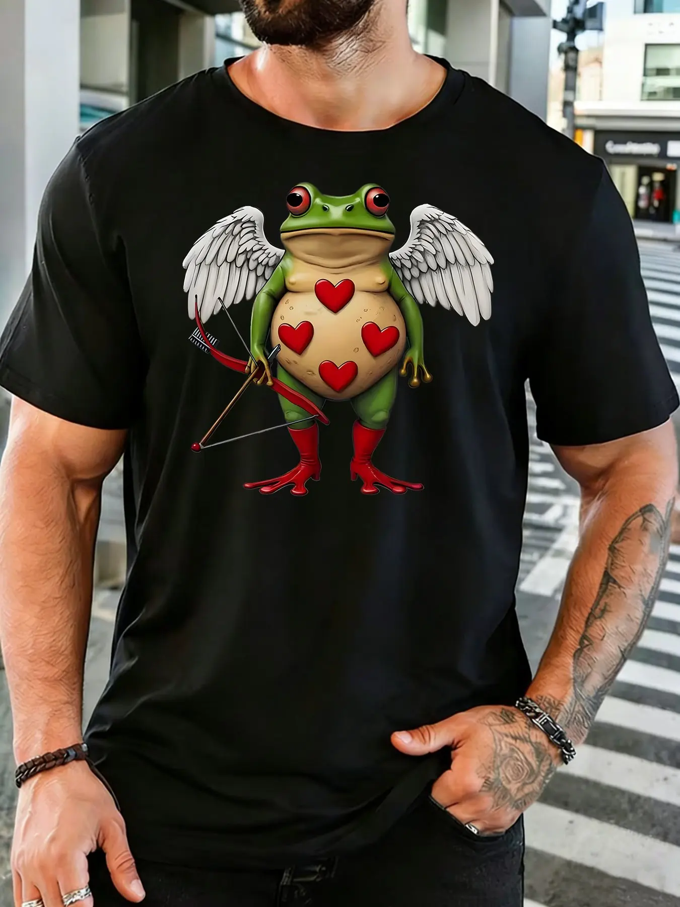 Cupid Winged Frog Mens Tee Heart Bow Arrow Graphic Crew Neck Short Sleeve Soft Loose Casual Summer Daily Male Outdoor Basic Top