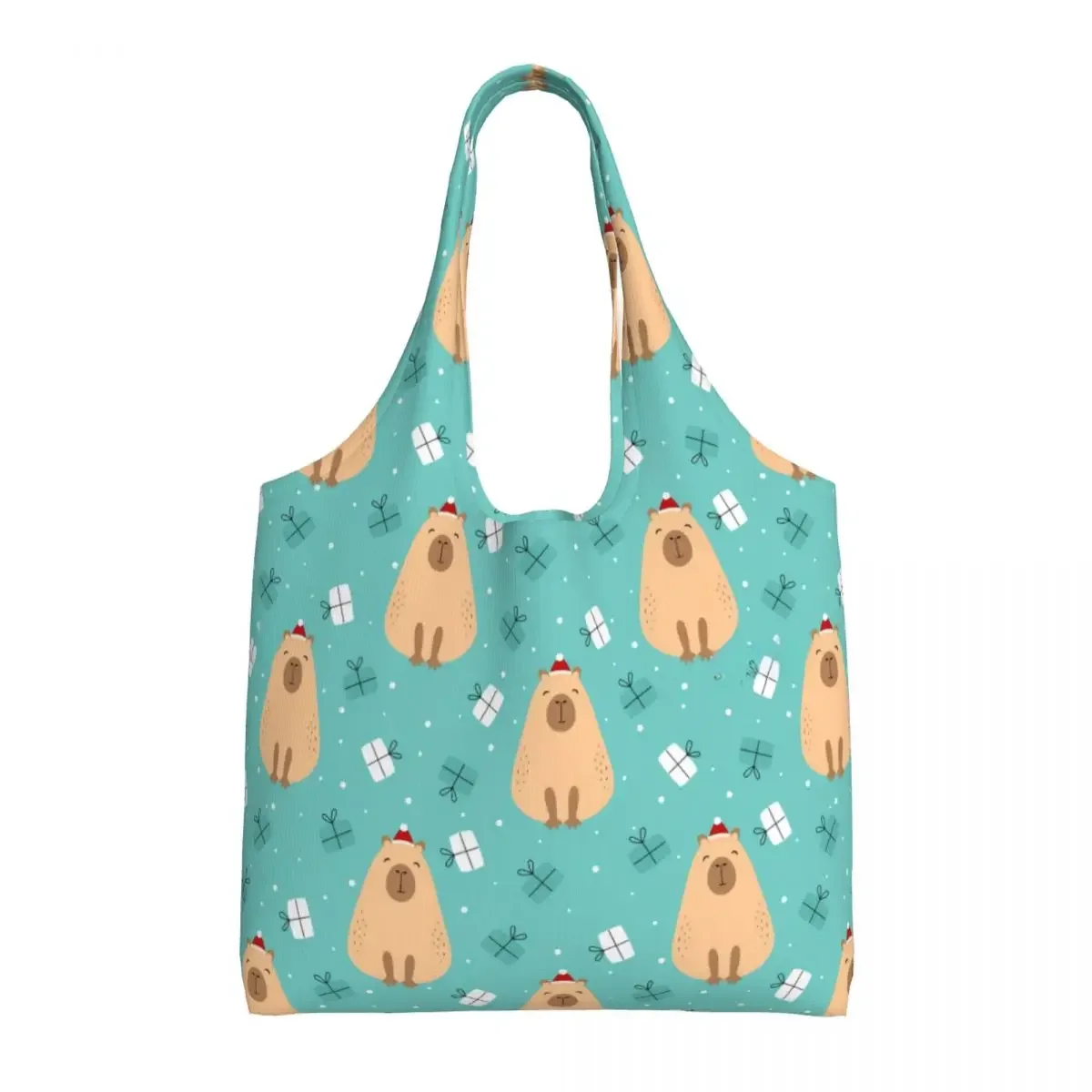 Custom Merry Christmas Capybara Groceries Shopping Bag Printing Canvas Shopper Tote Shoulder Bags Big Capacity Washable Handbag