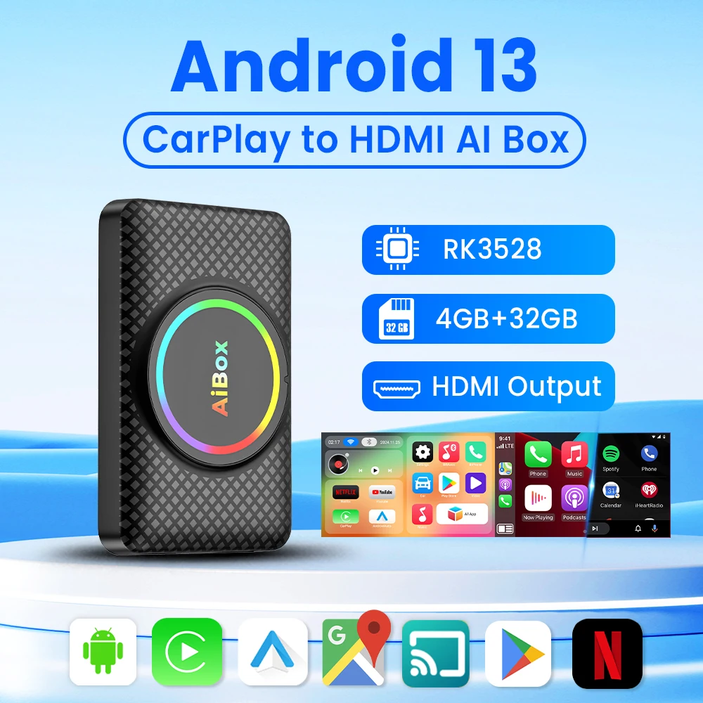 Wireless Android Auto Carplay Smart Ai Box Android 13 TV Box HDMI Outpu Built-in Play Store For Netflix YouTube OEM CarPlay Cars