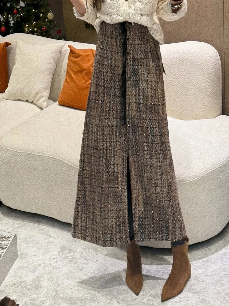 

Neadada High Waist A-Line Skirt Women's Autumn Winter Woolen Retro Design Slimming f-length Skirts Casual Polyester Fiber