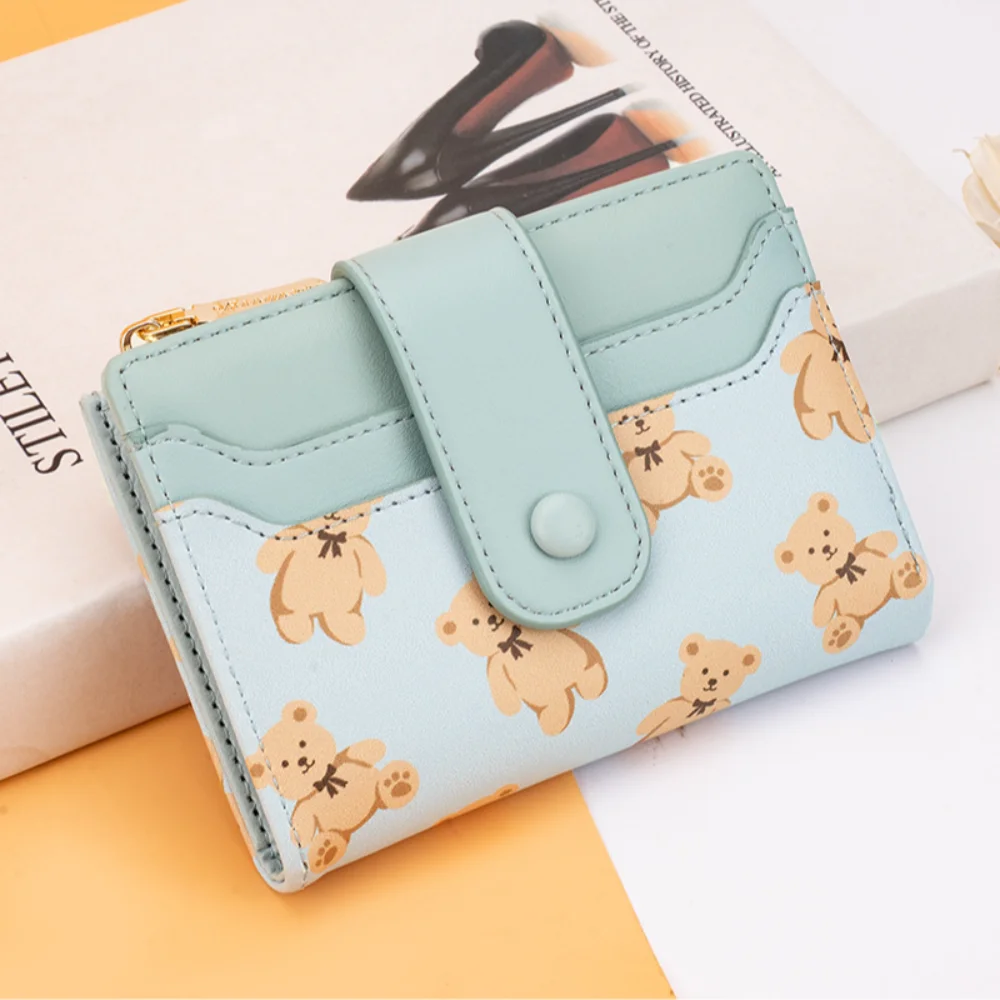 Women Short Wallets PU Leather Female Bifold Purses Cute Bear Card Holder Wallet for Girl Small Zipper Wallet with Coin Purse