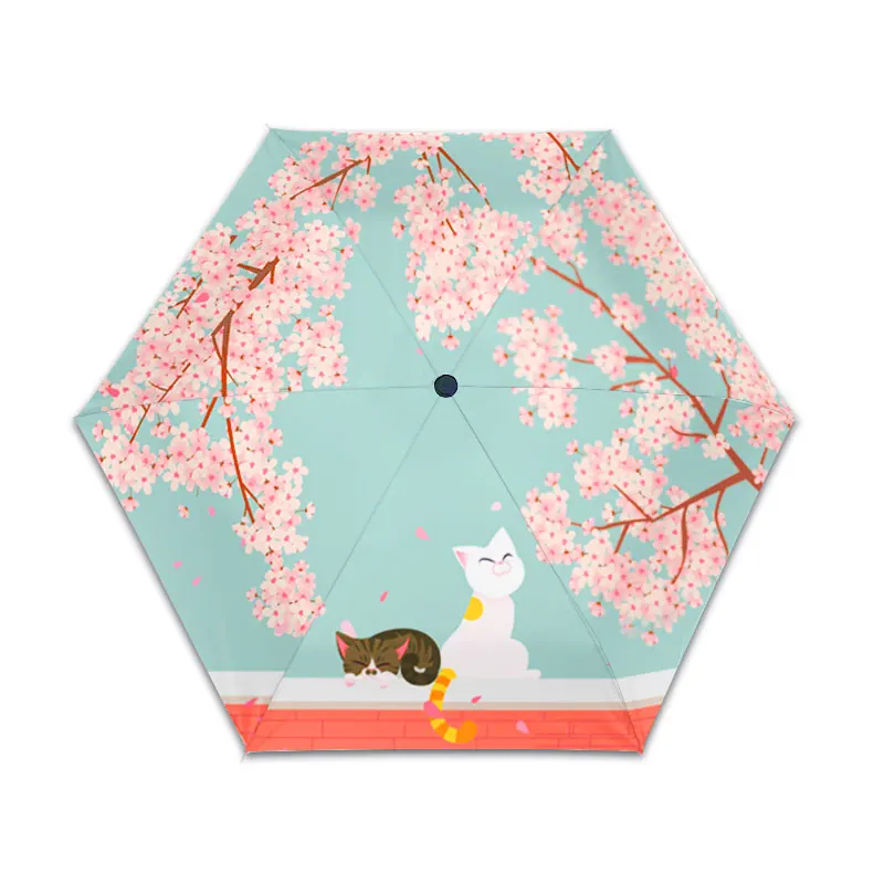 Five fold folding umbrella Travel Mini Portable Sakura with Cat Cute vinyl sunblock pocket men\'s and women\'s sunshade umbrella