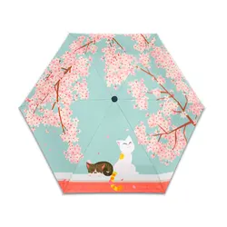 Five fold folding umbrella Travel Mini Portable Sakura with Cat Cute vinyl sunblock pocket men's and women's sunshade umbrella