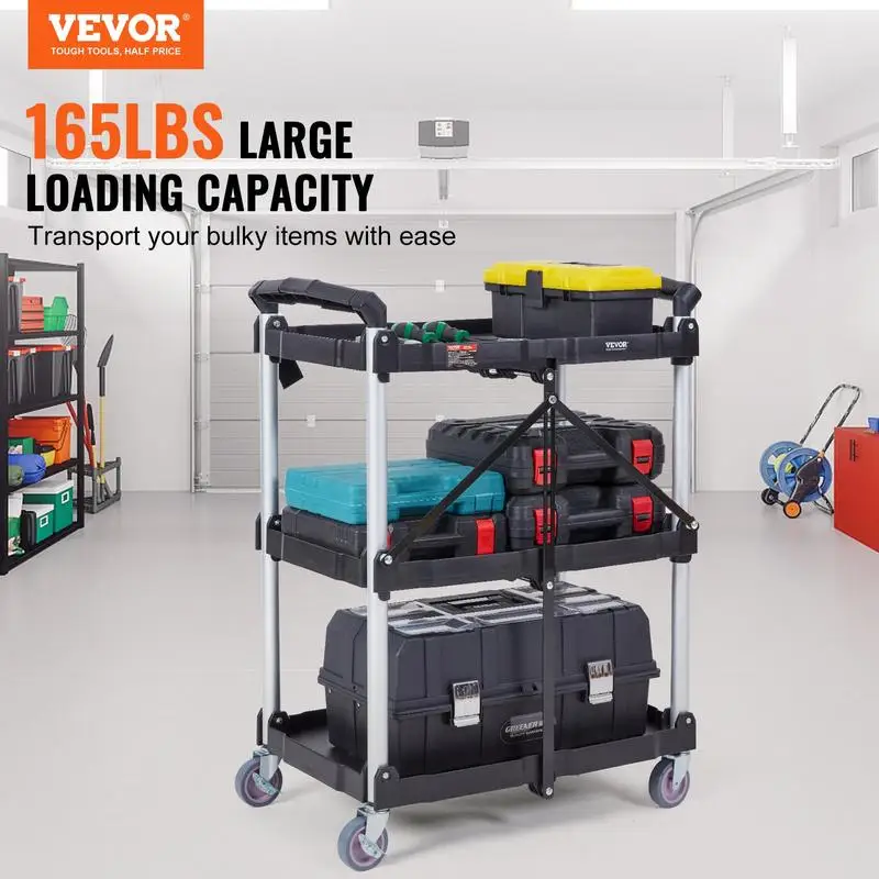 VEVOR Foldable Utility Service Cart, 3 Shelf 165LBS Plastic Rolling Cart with Lockable Wheels, Portable Garage Tool Cart