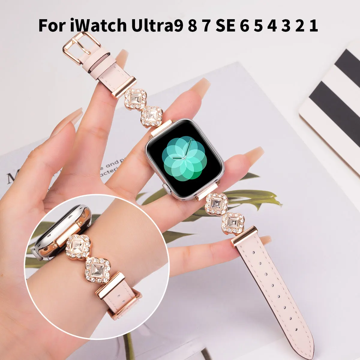 Metal diamond-studded leather strap for Apple Watch strap 49mm ultra 45mm 44mm987 38mm654 Women's all-match strap iwatch Series