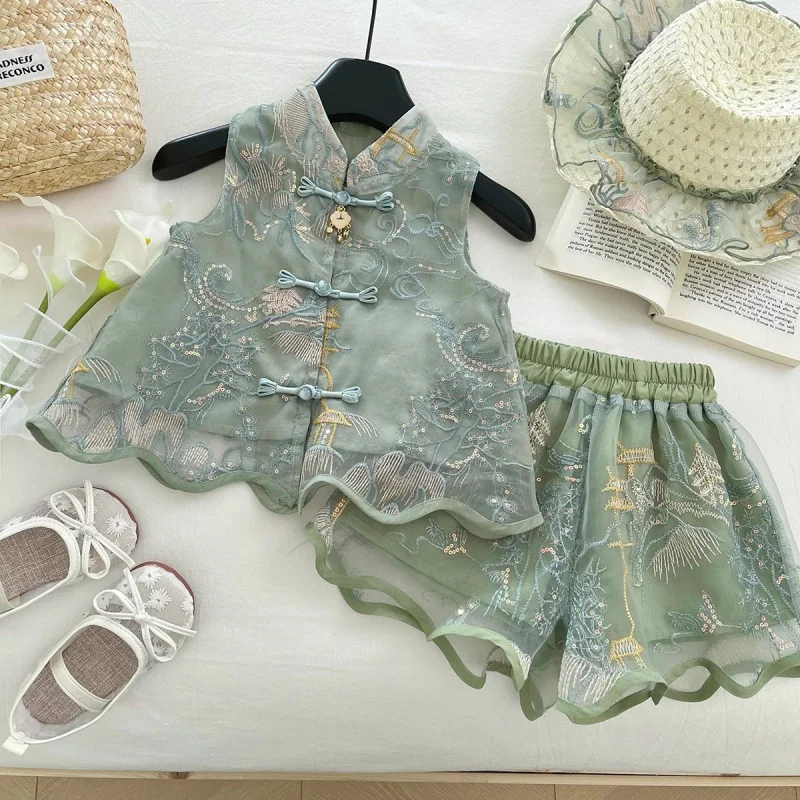 

Girls Suit2025Summer New Heavy Embroidery Sequin Vest Top with Lace Shorts Chinese Style Two-Piece Set