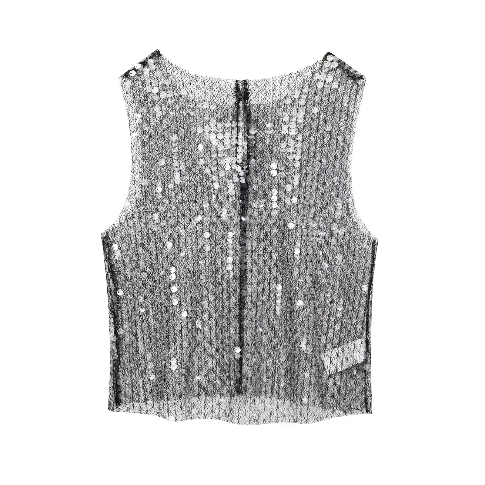 TRAFZA Chic Sequied Slivery Semi Transparency Sexy Club Shiny Strap Top Fashion 2025 Summer Night Party Grunge O Neck Women Vest