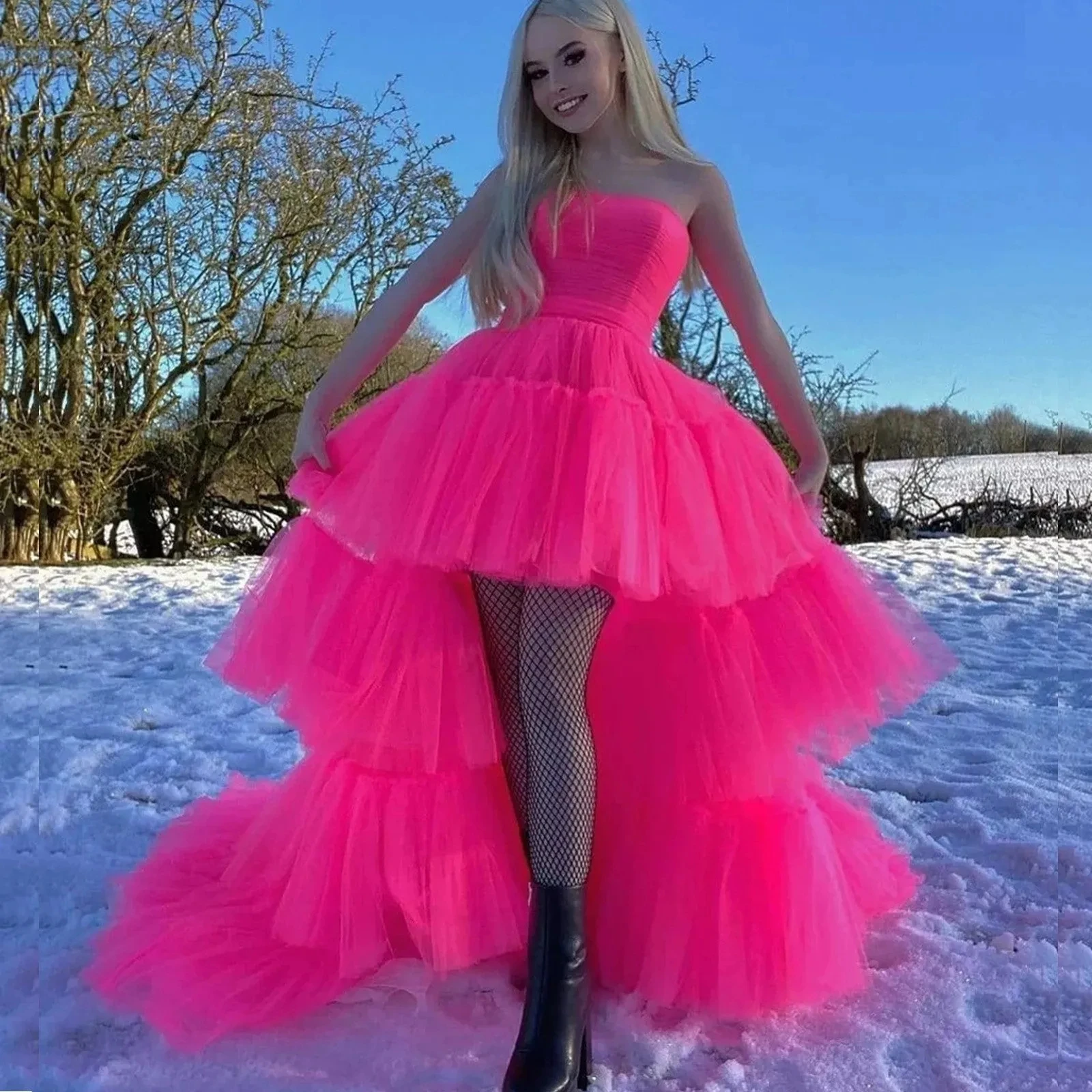 Hot Pink Prom Dresses High Low Strapless Girls Princess Style Birthday Party Dress Tiered Tulle Evening Gowns Floor Length Robe