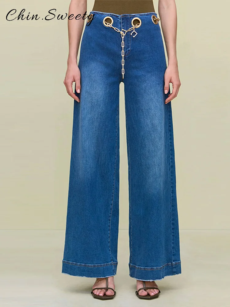 

Fashion Hollow Out Metal Chain Denim Trousers Women Solid Loose Low Waist Wide Leg Jean 2025 Spring Summer Lady High Street Pant
