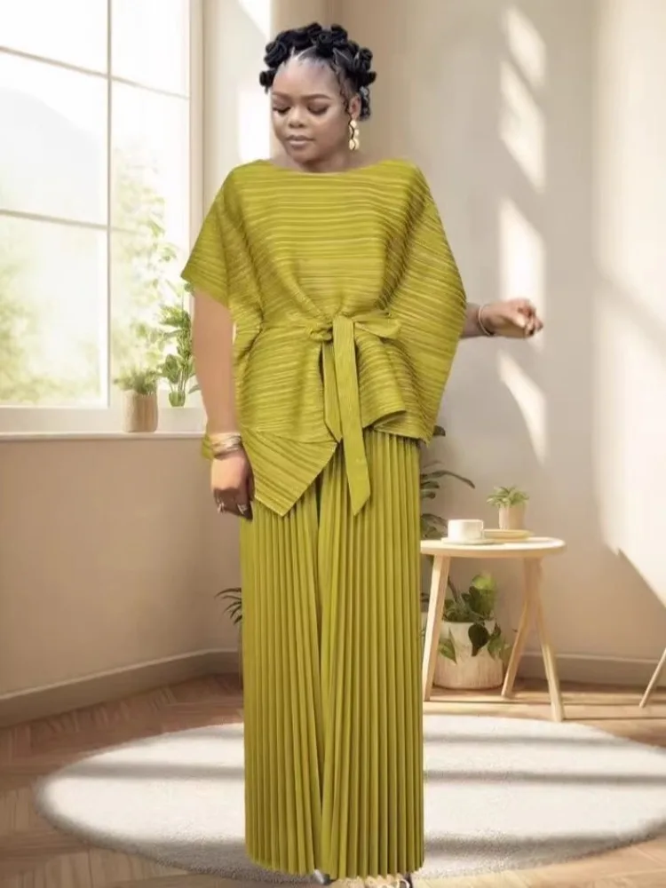 

Miyake Pleated Set 2026 Spring New V-neck Flared Sleeves Design Sense Temperament Pleated Top Wide-leg Pants Two-piece Set