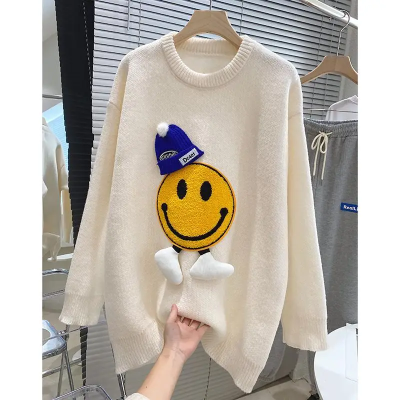 2023 New Women\'s Coat Smiling Face Sweater Knit Tops Plus Size Autumn Clothing Pullovers Korean Style Clothes Sweaters Jumpers