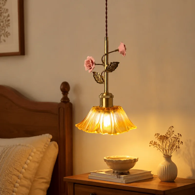 Vintage French Cottage Floral Glass Rose Fluted Shade Hanging Fixture For Bedroom Bedside Living Room Dining Room Pendant Lamp