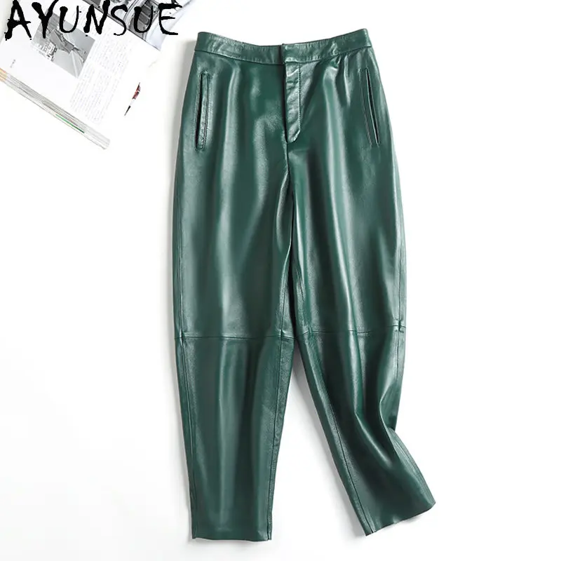 AYUNSUE Real Sheepskin Leather Pants Women's Clothing High Waist Pants Korean Style Harem Pants Women Trousers Nine-point Pants