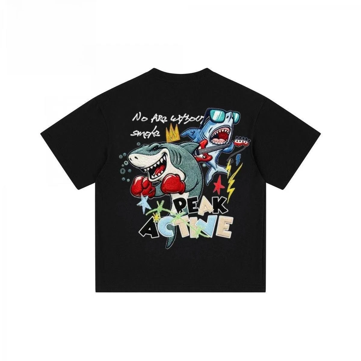 2026 Cartoon Boxing Shark Rock Guitar Shark Embroidery T-shirt, Funny Ocean Animal Back Print Street Casual Tee Men Women