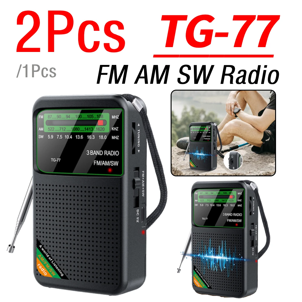 1/2Pcs TG-77 FM AM SW Radio with Headphone Jack Portable Full Band Radio Type-C Rechargeable Dual Channel for Seniors Elderly