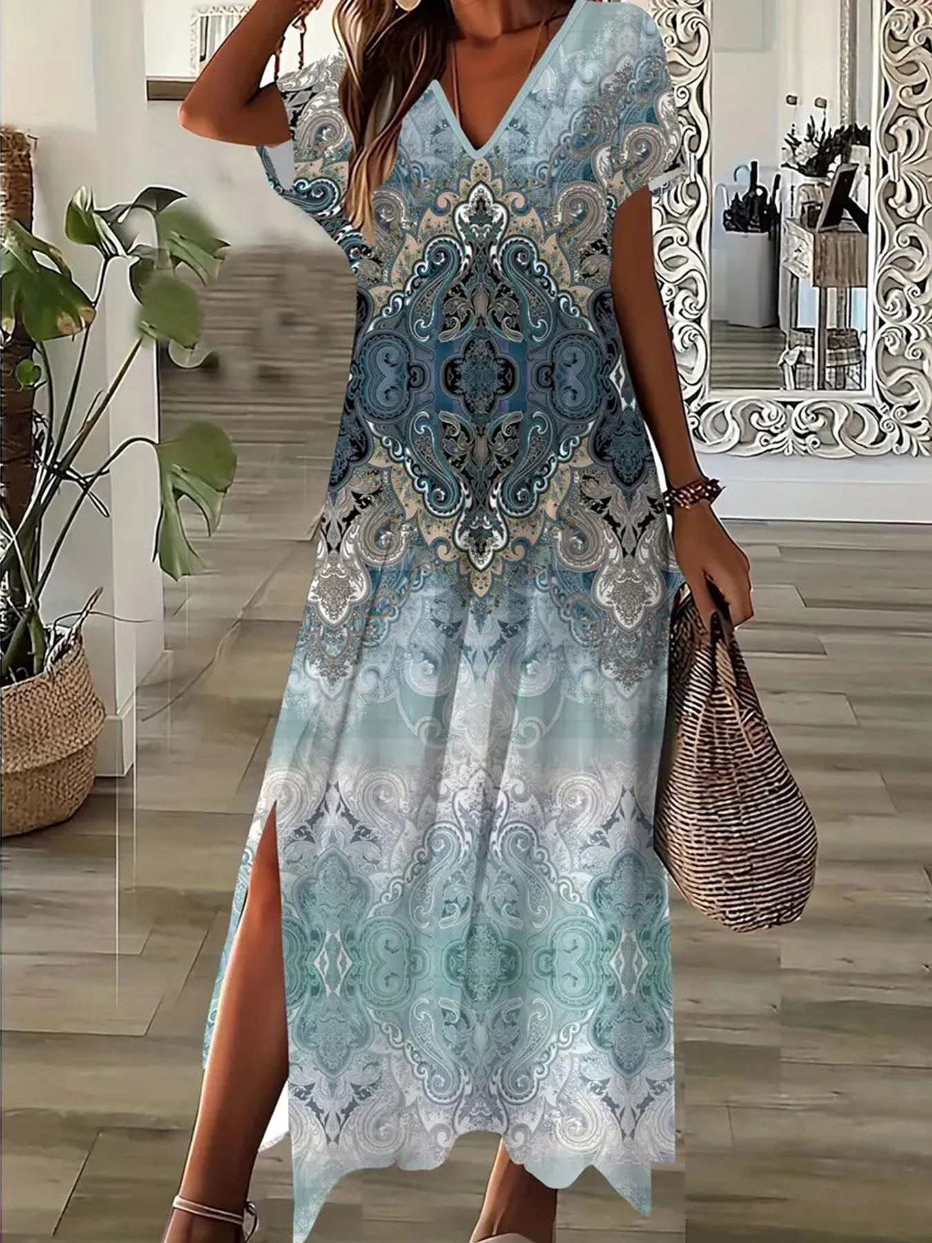 

2025 Elegant Women's Dress Short Sleeve Crew Neck Split Hem Summer Sundress Women's Pullover Streetwear Clothing