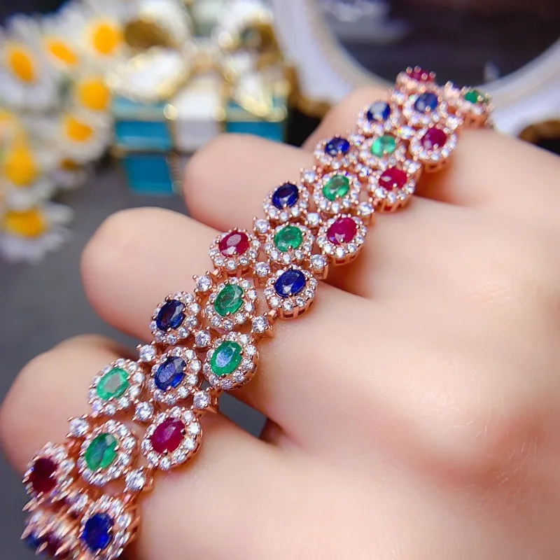 925 Silver Natural Sapphire Ruby and Emerald Bracelet for Wedding Solid Sterling Silver Amethyst Jewelry Jewrelry