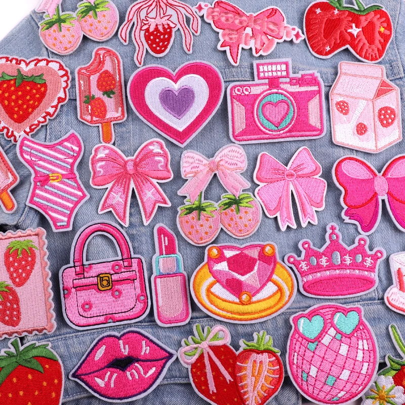 

Strawberry Bow/Lipstick Ring Patch Iron On Patches DIY Pink Cartoon Embroidered Patches For Clothes Jackets Hats Bags Sew Badges