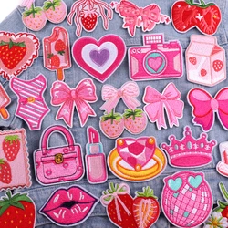 Strawberry Bow/Lipstick Ring Patch Iron On Patches DIY Pink Cartoon Embroidered Patches For Clothes Jackets Hats Bags Sew Badges