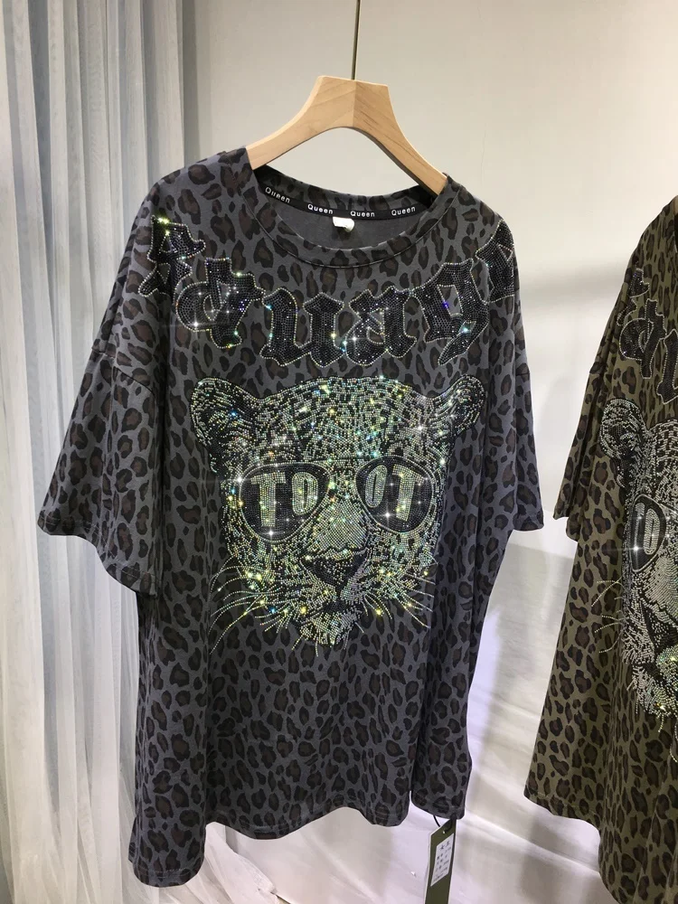 Panther Trendy Diamond Women Tshirt All-match O-neck Loose Oversized Top 2023 New Summer Short Sleeve Leopard T-shirt Casual