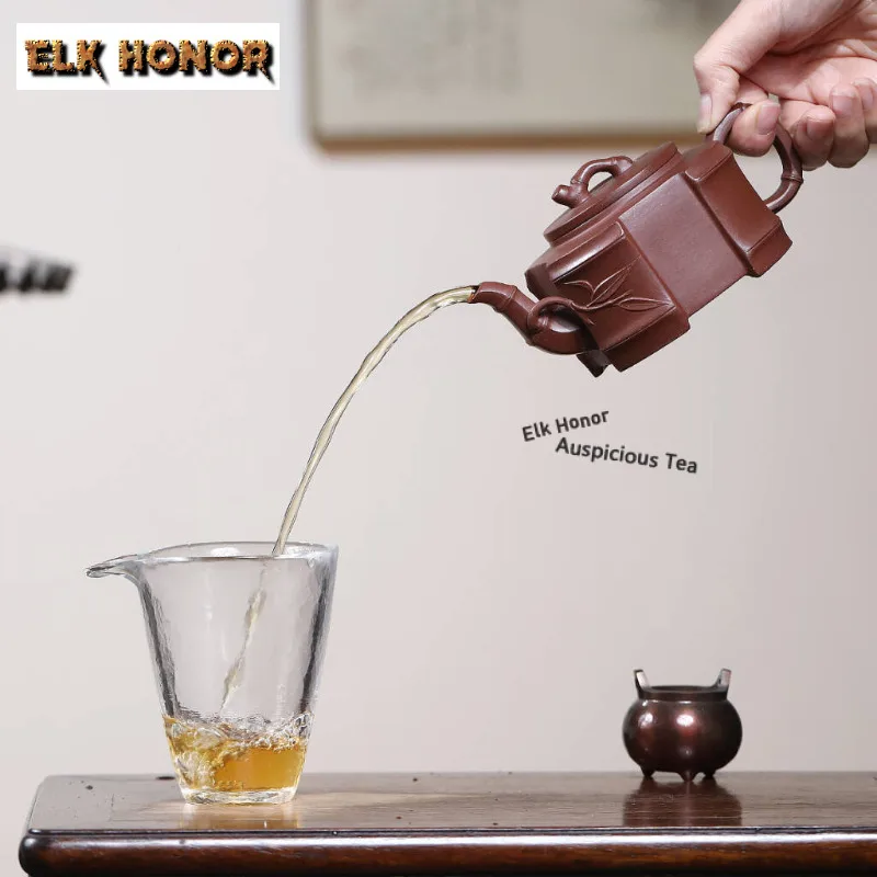 240ml Hand-painted Bamboo Teapot Exquisite Yixing Purple Clay Teapots Handmade Square Pot Raw Ore XXX Mud Kettle Zisha Tea Set