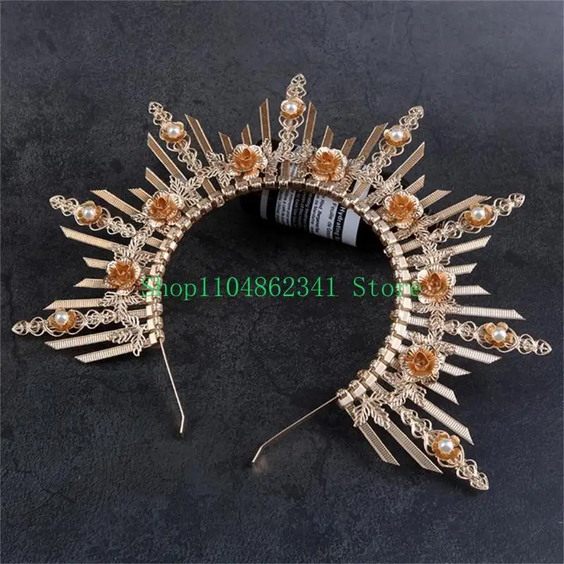 

652F Sun-Goddess Crown Headband Vintage VirginMary Hairband Halloween Party Costume Lady Headpieces Hair Accessories