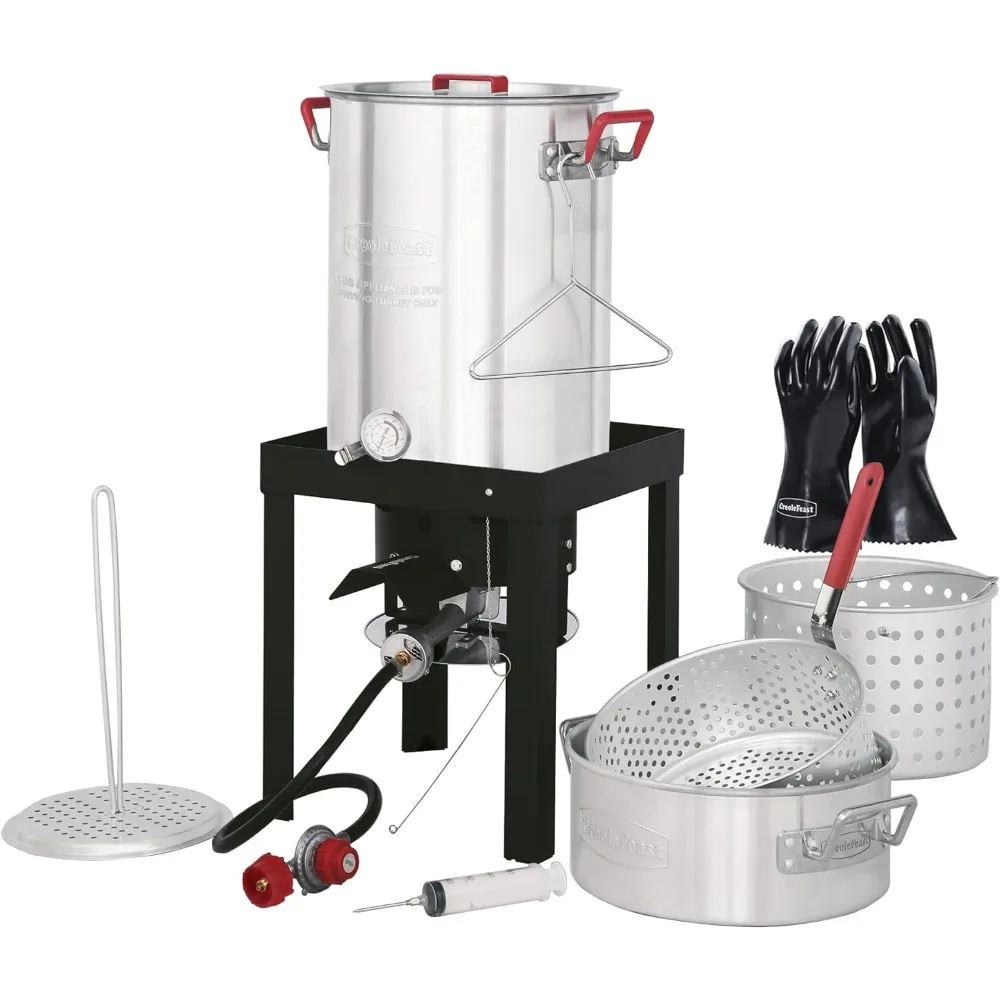 

Creole Feast TFK-TG-3001 30 Qt. Turkey and 10 Qt. Fish Boiler Steamer Kit with High Heat-Resistant BBQ Gloves, Outdoor Turkey