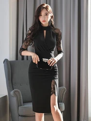 Elegant Office Women Bodycon Dress Lady Formal Sexy Lace Perspective Black Hollow Folds Slit Slim Party Club Robe Femme Vestidos