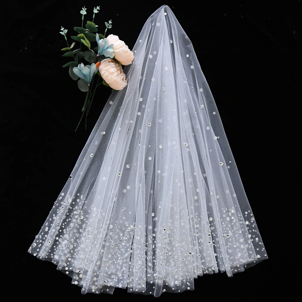 Crystal Beaded Bridal Veils Wedding Blusher Veil Glitter Veil For Bride With Diamonds Cut Edge Shiny Rhinestone Short Veu